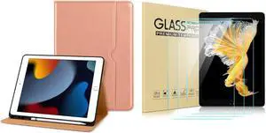 DTTO for iPad 9th/8th/7th Generation 10.2 Inch Case 2021/2020/2019, Premium Leather Business Folio Stand Cover with 3 Pack HD Clear Tempered Glass Screen Protector, Rose Gold