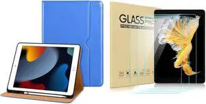 DTTO for iPad 9th/8th/7th Generation 10.2 Inch Case 2021/2020/2019, Premium Leather Business Folio Stand Cover with 3 Pack HD Clear Tempered Glass Screen Protector, Royal Blue