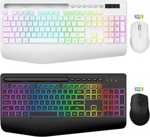 SABLUTE Wireless Keyboard and Mouse Combo, 9 Backlit Effects, Wrist Rest, Phone Holder, 2.4G Lag-Free Ergonomic Keyboards, Rechargeable Silent Cordless Set for Computer, Laptop (White & Black)