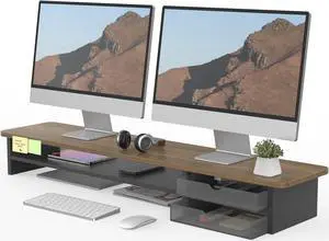Fenge Monitor Stand, Dual Monitor Riser, 42.5inch Large Desk Computer Monitor Stand Riser with Drawer, 2 Tier Wood & Acrylic Desktop Organizer for Computer, Laptop, Printer, TV Screen Riser