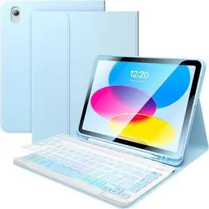 FGZZROU iPad 10th Generation Case with Keyboard, 10.9 Inch - 7-Color Backlit Detachable Wireless BT Keyboard Folio Protective Case with Pen Holder for New iPad 10th Generation 2022 (Blue)
