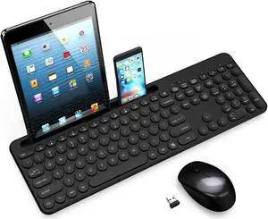 LeadsaiL Wireless Keyboard and Mouse, Full-Sized Ergonomic Computer Keyboard with Phone Tablet Holder, 2.4GHz Silent Cordless Keyboard Mouse Set for Windows Laptop, PC, Desktop - Black