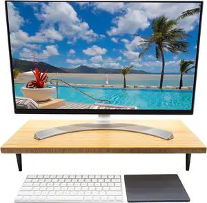 Bamboo Monitor Stand - Polished Aluminum Legs - Wooden Monitor Riser - Desk Shelf - Laptop Stand