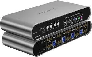Terived 4 Computers 2 HDMI Monitor Automatic KVM Switch 8K@60Hz, Hotkey Switching, EDID, with Audio and Microphone, Aluminum Shell with Digital Display, USB 3.0 Hub, HDR10 with Cables