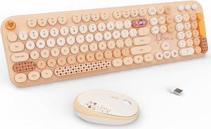 Wireless Keyboard and Mouse Set, 104 Round Keys Full-Size Cute Colorful Keyboard and Mouse with Retro Typewriter for PC/Mac/Laptop/Tablet/Computer/Windows Coffee