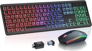 Wireless Keyboard and Mouse Combo - Large Print, RGB Backlit, Oversize Light Up Letters, Rechargeable, Ergonomic Tilt Leg, Sleep Mode, 2.4GHz Quiet Keyboard Mouse for Mac, Windows, Laptop, PC, Trueque