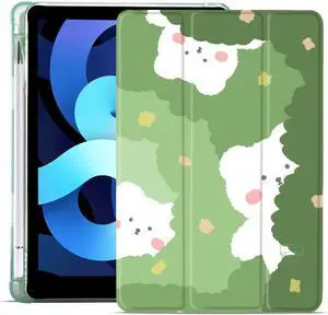 MAYCARI White Cartoon Bear Case for iPad Air5/Air4 with Pencil Holder, Cute for iPad 10.9 Inch 2022/2020 Protective Case with Soft TPU Back, Auto Sleep/Wake Cover Slim Shell