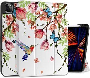 MEEgoodo for iPad Pro M2 12.9 Case 6th/5th/4th/3rd Generation 2022 2021 2020 2018 with Pencil Holder, Tablet Cover with Soft TPU Back Shell, Birds & Flowers