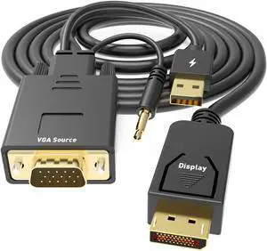 UANTIN VGA to DisplayPort Cable 6 Feet,1080P Uni-Directional VGA Computer to DP DisplayPort Monitor Adapter Male to Male Gold-Plated Cord Compatible with VGA Source to DP Display, Black