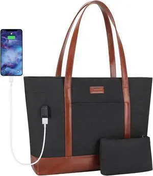 Mecrowd Laptop Work Tote Bag for Women: Tote Shoulder Bag for 15.6 Inch Computer, Extra Large Bag for School, Party, Travel, Bonus Small Cosmetic Bag (Black)