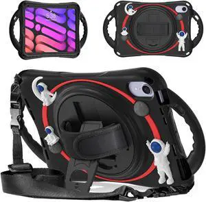 GooodiDEAR iPad mini 6 Case, iPad mini 6th Generation Case Kids, Shockproof 360 Rotating Hand Strap, Multi-Function Stand, Shoulder Strap, Anti-Slip Handle, Pen Holder iPad mini 6 Kids Case, Black