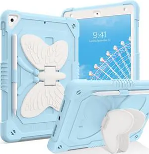 GUAGUA Compatible with iPad Air 2, iPad 6th/5th Gen, iPad Pro 9.7 Case with Kickstand, 2 in 1 Rugged Shockproof Anti-Scratch Tablet Cases with Pen Holder, Blue/Beige