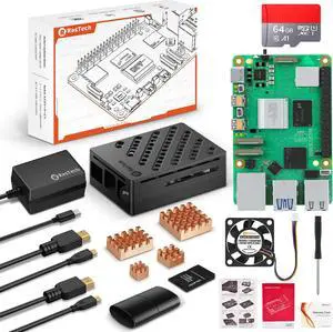 RasTech Raspberry Pi 5 8GB Starter Kit with Pi5 8gb Board,64GB SD Card,27W 5.1V 5A Power Supply,4 Pure Copper Heatsink,2 HDMI Cable,ABS Case,PWM Cooling Fan,Card Reader,Screwdriver,User Manual