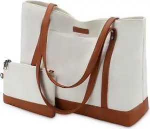 VASCHY Laptop Tote Bag for Women, Large Teacher Bag Canvas Everything Tote Bag with Zipper Work Purse Briefcase for College,Travel,Business,Office Beige