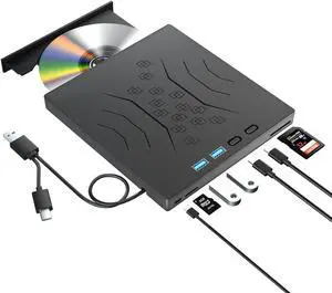 7 in 1 External DVD Drive, External CD/DVD Drive for Laptop USB 3.0 & Type-C, Portable CD/DVD +/-RW Disk Drive, CD/DVD Burner CD ROM External Drive for Laptop Desktop PC Windows 7/8/10/XP Mac Linux