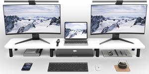 WEGASTU Dual Monitor Stand Riser 43.7 inch Large Extra Long Monitor Stand Riser Wide TV Stand Riser Monitor Stand for 2 Monitors Wood & Steel Leg Desktop Riser Desk Organization Home Office (White.)