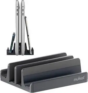 Nukoi Vertical Laptop Stand - SPACEMax Adjustable GRIPLock Anti-Tip Silicone 4 Slots Aluminum Desktop Holder - Double Dock Stand - 2 Phone Slots Fits Up to 17.3" Laptops, Tablets, Phones - Gray