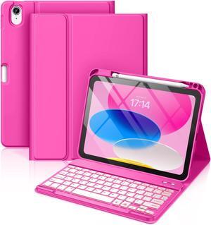 Hamile iPad 10th Generation Case with Keyboard 10.9 Inch - 7 Colors Backlit Wireless Detachable Folio Keyboard Cover with Pencil Holder for New iPad 10th Gen 2022 (Hot Pink)