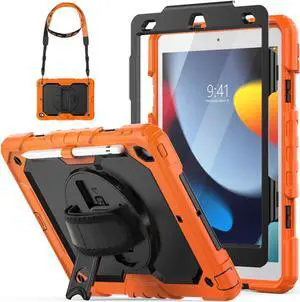 HXCASEAC Case for iPad 9th/ 8th/ 7th Generation Case with Pencil Holder/Screen Protector/Hand Strap/Sturdy Protective Design 10.2 inch Case Cover for 9/8/ 7 Gen Case 2021/2020/2019 - Orange