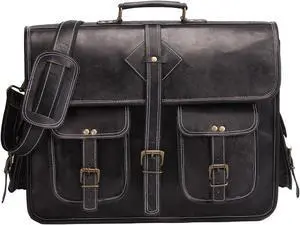 Vintage Leather Laptop Bag for Men Full Grain Large Leather Messenger bag for men 18 inches with rustic look Brown briefcase (Black)