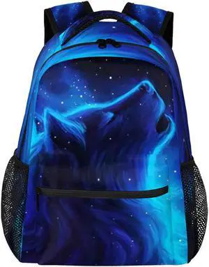 Wolf Backpacks for Boys Girls, Blue Galaxy Cool Wolf Lightweight School Backpack Laptop College Bookbag, Travel Casual Daypack, Hiking Camping Computer Rucksack