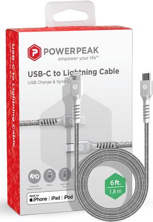 POWERPEAK Lightning Cable 6ft, Braided Nylon Metallic iPhone Charger Cord, (MFi Certified) Lightning & Sync Cable Compatible iPhone 14/13 mini/13/12/11 Pro MAX/XR/XS/8/7/Plus/6S/SE/iPad - Silver