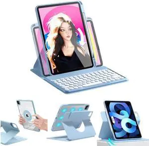 Keyboard Case for iPad 9th/ 8th/ 7th Generation, Vertical Case for iPad 10.2/Air3/Pro10.5 with Keyboard and Pencil Holder, Magnetic Stand Rotating Detachable Case with Clear Back (Sky Blue)