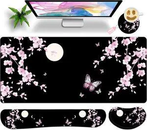JYCUHTCL Large Gaming Mouse Pad Set 35.4 x 15.7 with Keyboard Wrist Rest, Wrist Support, and Coaster Memory Foam Smooth Desk Pad Mousepad for Home Office School - Cherry Blossom Moon