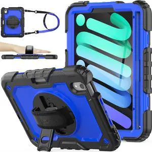 SEYMAC stock Case for iPad Mini 7 (A17 Pro) 2024/ Mini 6 8.3'' with Screen Protector Pencil Holder [360 Rotating Hand Strap] &Stand, Drop-Proof Case for iPad Mini 7th/6th Generation 8.3", Blue+Black