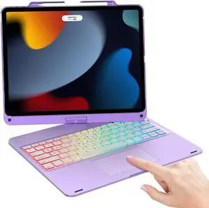 SENGBIRCH Touch Keyboard Case for iPad Pro 12.9-inch (3rd, 4th, 5th, 6th Generation), Magic Keyboard for iPad Pro 12.9 Case - 7 Colors RGB Backlit, 360° Swivel Hard Shell with Pencil Holder, Purple