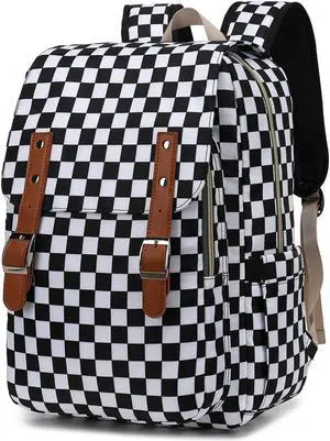 Kouxunt Checkered Laptop Backpack for Women Girls, 15.6 inch College School Backpacks Travel Casual Daypack