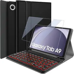 LDSOYIA Backlit Keyboard Case for Samsung Galaxy Tab A9 8.7 Inch 2023 with Screen Protector, 7 Color Backlights Detachable Wireless Keyboard with Protective Folio Cas for Tab A9 8.7 SM-X110/X115/X117