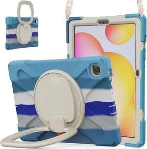 360 Rotation Case for Samsung Galaxy Tab S6 Lite 10.4" Sturdy Cover Rotate Ring Stand Shoulder Carrying Strap Hand Strap Rugged Children Adults Outdoor Case (Colourful Blue)