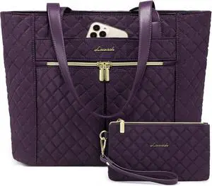 LOVEVOOK Laptop Bag for Women, Stylish Diamond Quilted Work Tote with Clutch Purse, 15.6-inch Purple Tote