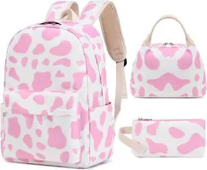 Sunborls Cute Cow Print Teen Girls Backpack with Lunch Bag Pencil Bag Set Back To School Gift Bookbag Casual Daypack Travel Laptop Backpack (Pink)