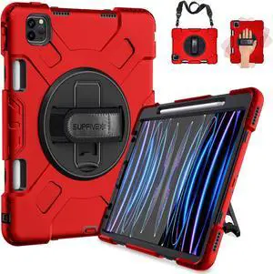 SUPFIVES Case for iPad Pro 11 2022 4th Generation: Upgraded Military Grade Shockproof Full Body Protective Case - Swivile Kickstand - Pencil Holder - Hand & Shoulder Strap for iPad Pro 11 2022- Red