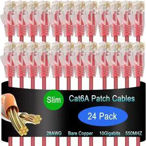Lysymixs Cat6a Slim Ethernet Patch Cable 3 ft (24 Pack), Cat6a Patch Cable for Data Centers, Cat 6 Cable 10G, Network Patch Cables for Home and Enterprise Network -Red