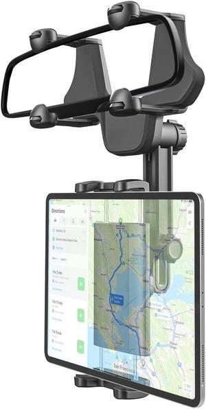 LYFICCS Car Rearview Mirror Tablet Mount with [4 Corners Fixed Design], 360degRotatable & Retractable Rear View Car Holder for 4-12.9'' Devices, iPad Pro 12.9/ Air/Mini, iPhone Series, Black 1 Pack