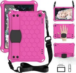 Bumper Case for Fire HD 8"/Plus 10th Gen (2020 Only), Techcircle Shockproof Hand Belt Stand Cover Kids EVA Foam Honeycomb Protective Case with Shoulder Strap Handle Light Cover, Rose