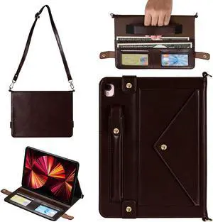 Handbag Case for iPad Pro 10.5/iPad Air 10.5"/iPad 10.2, Techcircle Folio Stand PU Leather Cover w/Hand Strap, Crossbody iPad Case with Pencil Holder Card Slots Envelope Pocket Wallet Case, Dark Brown