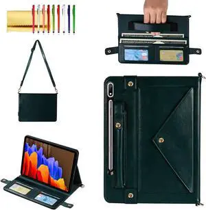Handbag Case for Samsung Galaxy Tab S10 FE/S9 FE/S9/S8/S7 11", Techcircle Folio Stand Crossbody Wallet Case with Pen Holder & Card Slots Pocket, Hand/Shoulder Strap Protective Cover, Midnight Green