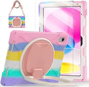 TSQQST for iPad (A16) 11th/10th Generation Case Cute Pink for Kids Teen Girls & Women with Hand Grip & Kickstand 10.9 Inch 2025 2022 | Rugged Protection Screen Protector | Shoulder Strap Hangs in Car