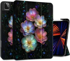 MEEgoodo for iPad Pro M2 12.9 Case 6th/5th/4th/3rd Generation 2022 2021 2020 2018 with Pencil Holder, Tablet Cover with Soft TPU Back Shell, Glitter Flowers