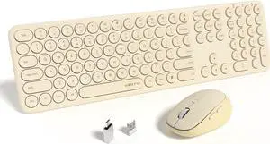 UBOTIE Wireless Keyboards and Mouse, Quiet Scissor Switches Slim Keyboards Mice Set, Silent Full Size 111 Round Keycaps with Adjustable DPI Mouse, Power On/Off Button for PC Laptop (Light Khaki)
