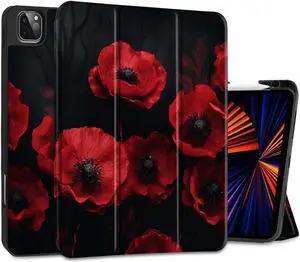 MEEgoodo for iPad Pro M2 12.9 Case 6th/5th/4th/3rd Generation 2022 2021 2020 2018 with Pencil Holder, Tablet Cover with Soft TPU Back Shell, Red Poppy Flowers