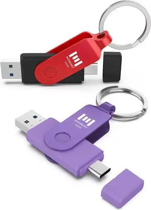 MOSDART 2Pack 128GB Fast USB C Dual Flash Drive with Keychain - 2 in 1 OTG USB 3.1 Type-C Thumb Drive Memory Stick for USB-C Android Phones, iPhone 15, MacBook, iPad, Computers and More, Red&Purple