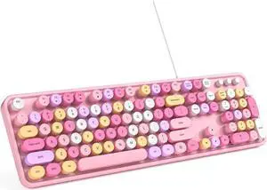 MOWUX Computer Keyboard Wired, Plug and Play USB Retro Round Typewriter Keyboard, Full Size Wired Keyboard with Foldable Stands for Laptop and Office PC- Pink Colorful