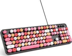 MOWUX Computer Keyboard Wired, Plug and Play USB Retro Round Typewriter Keyboard, Full Size Wired Keyboard with Foldable Stands for Laptop and Office PC- Black Colorful