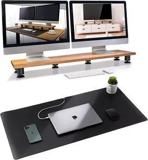 Dual Monitor Riser and Black Leather Desk Mat Bundle - Premium Handmade Hardwood Acacia - Large Leather Desk Pad Protector Blotter