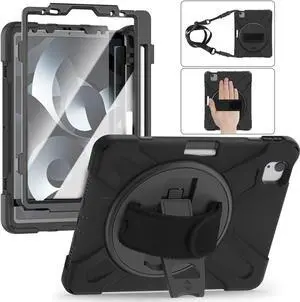 ZenRich iPad Air 5th Generation Shockproof Case 2022/ iPad Air 4th Generation 10.9 inch Case with Built-in Screen ProtectoriPad Pro11 Case with Pencil Holder/Stand/Hand Strap/Shoulder Belt,Black